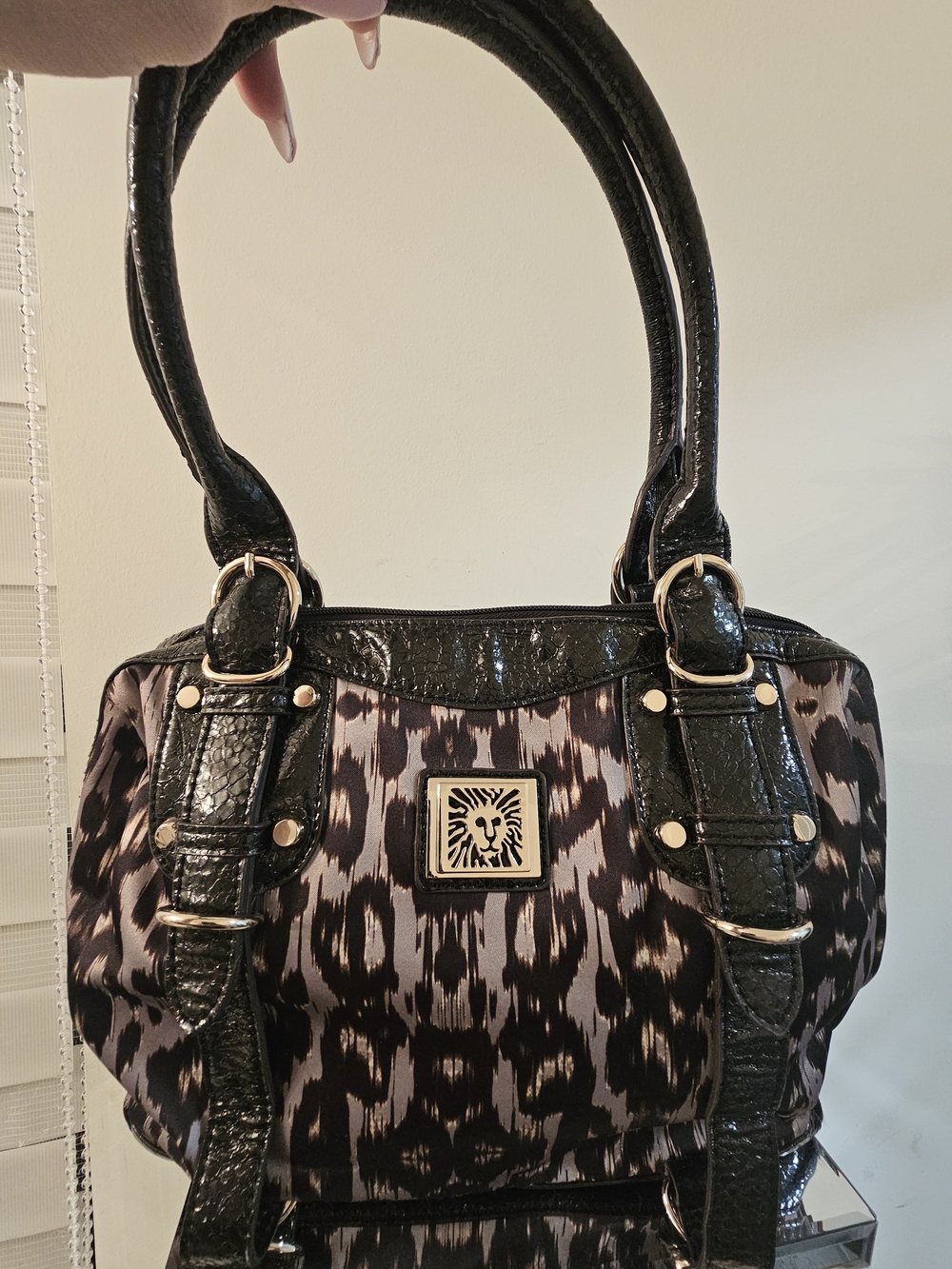 Anne Klein Black Patterned Satchel Handbag with Gold Accents